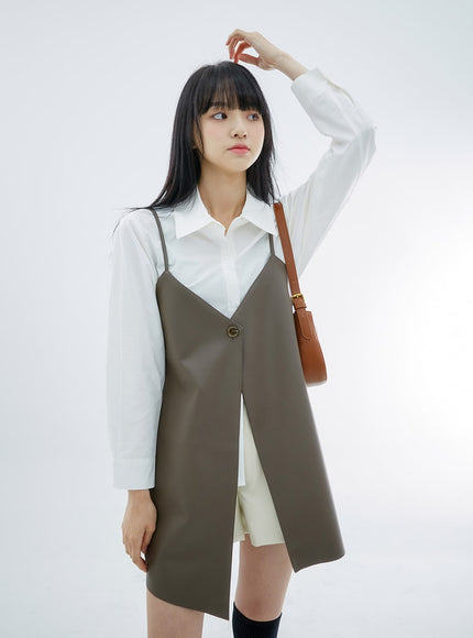 One Button Faux Leather Mini Dress OS29