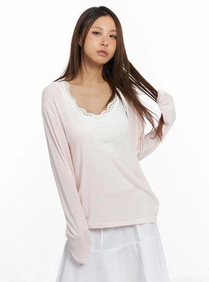 Lace Trim V-Neck Relaxed Top IY504