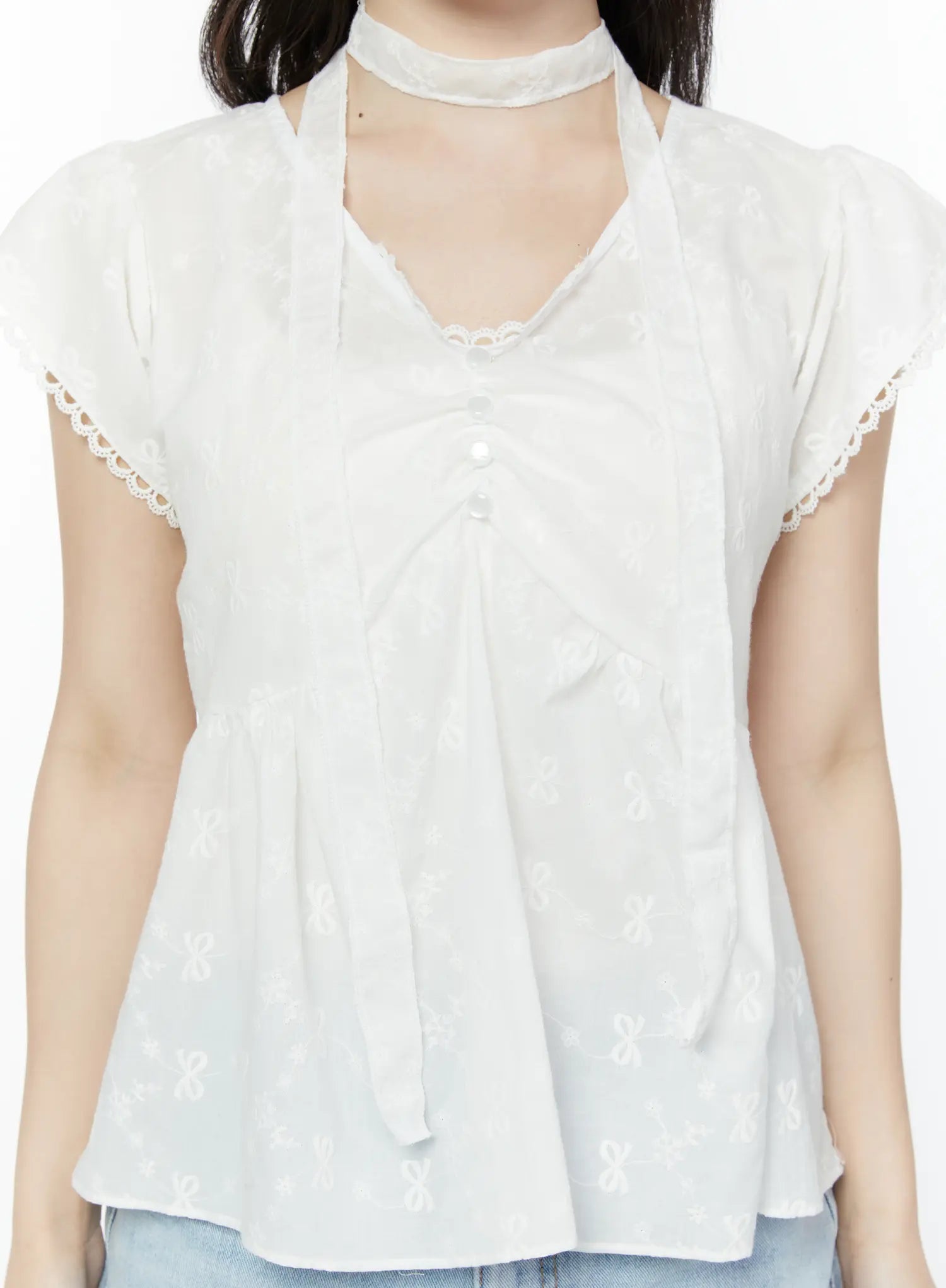 embroidered-ribbon-blouse-and-skinny-scarf-set-iy511