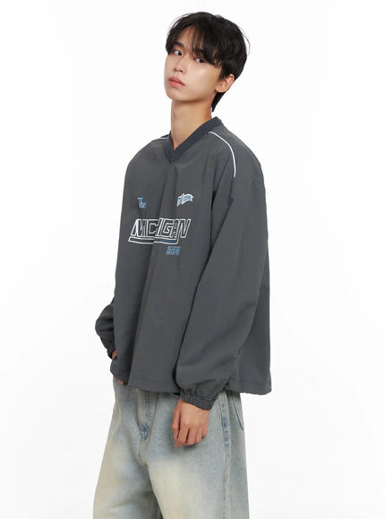 Men's V-Neck Lettering Windbreak Pullover IO516