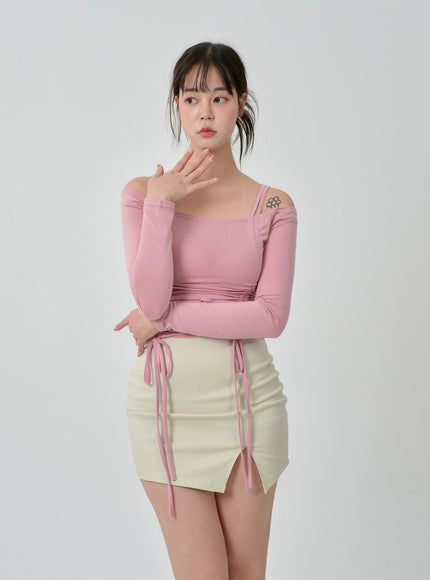 Off-Shoulder Double Front Tie Ruched Top IJ304
