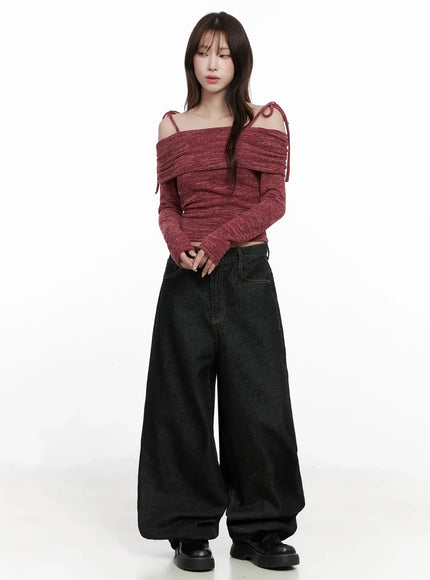 Knit Ribbon Strap Off-Shoulder Top IN514