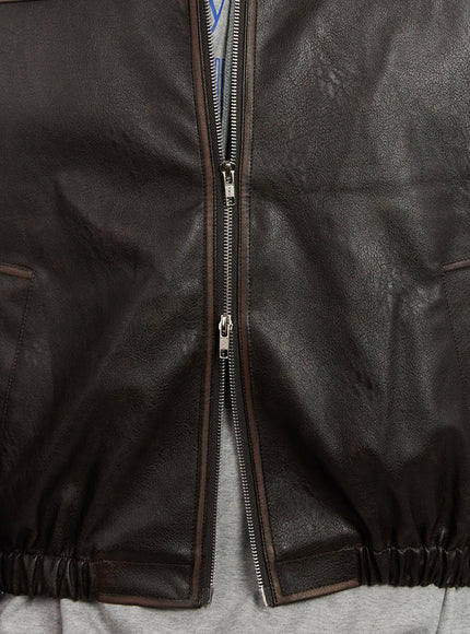 Men's Vintage Faux-Leather Collared Jacket IA510