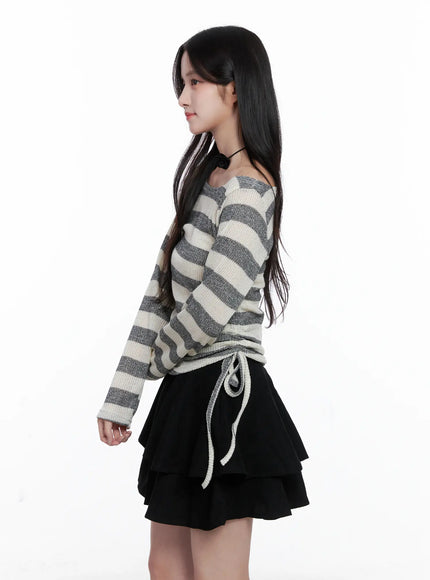 Striped Ruched Wide Neck Top CS523