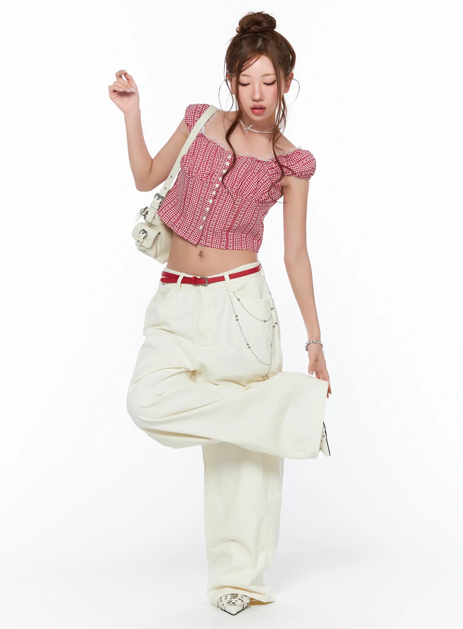 frill-trimmed-gingham-short-sleeve-blouse-ca514