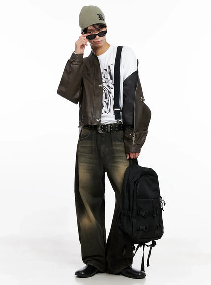 Men's Faux Leather Toggle Buckle Jacket IO517