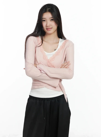 Lace Trim V-Neck Wrap Top IM506