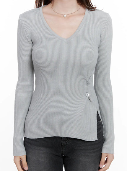 Ribbed V-Neck Long-Sleeve Knit Top CG521