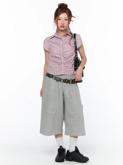 plaid-shirred-short-sleeve-shirt-ca515