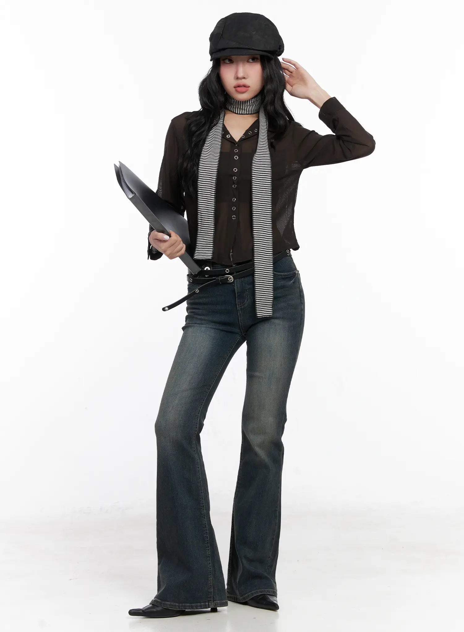 Hazel Button Washed Flared Jeans CN514