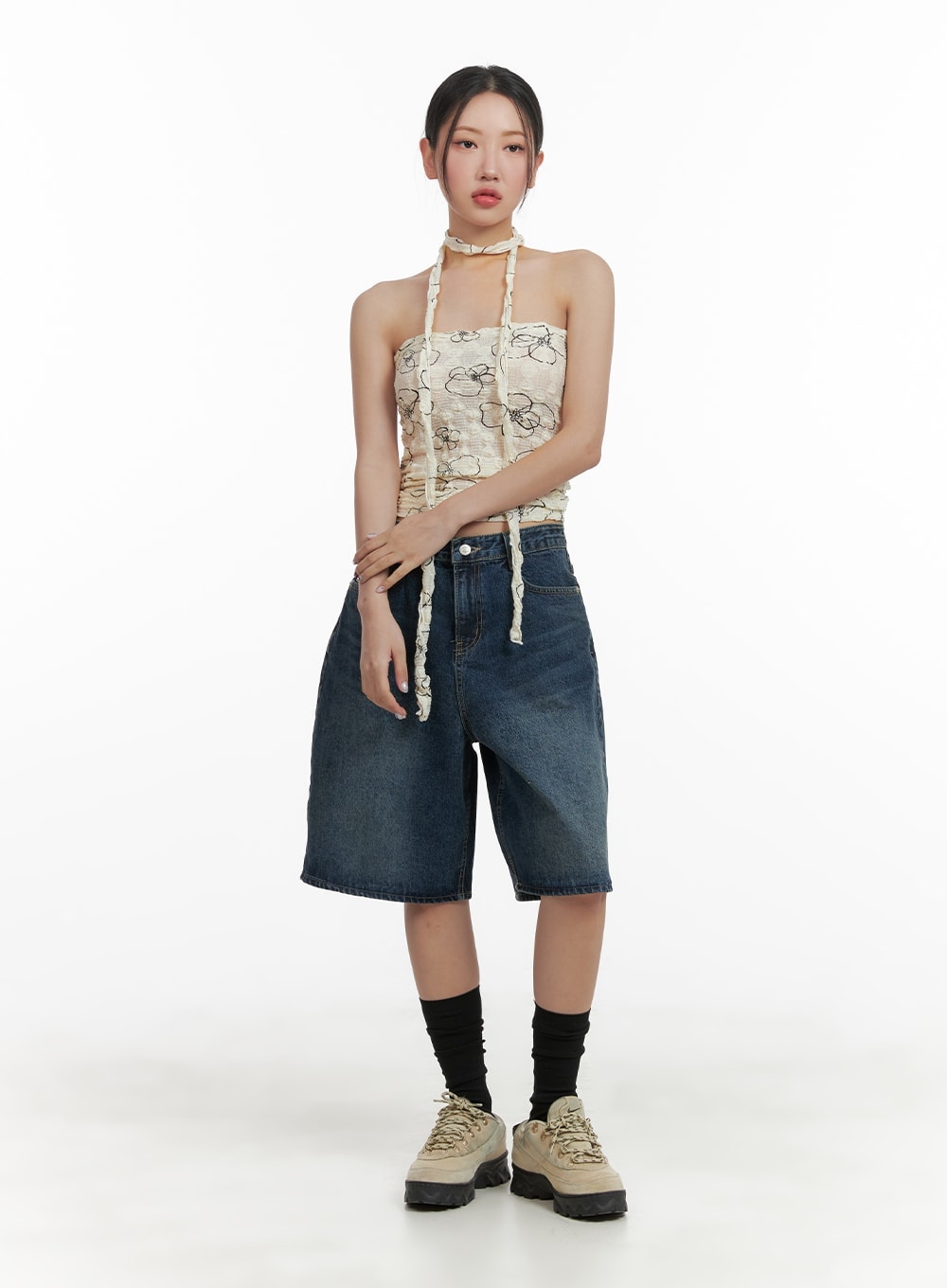 wrinkled-floral-tube-top-with-scarf-ca415