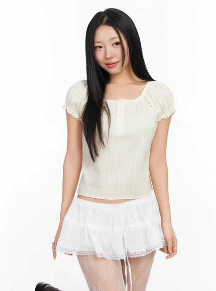 Vintage Puff Sleeve Lace Trim Blouse IA507