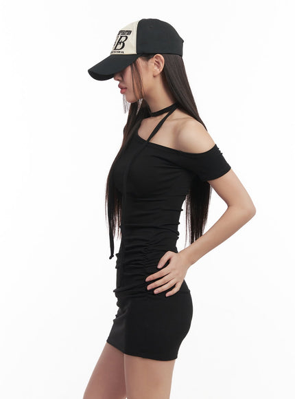 shirred-one-shoulder-mini-dress-with-scarf-cm531