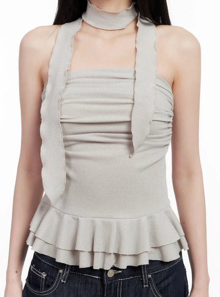 shirred-ruffle-tube-top-and-scarf-set-cl501