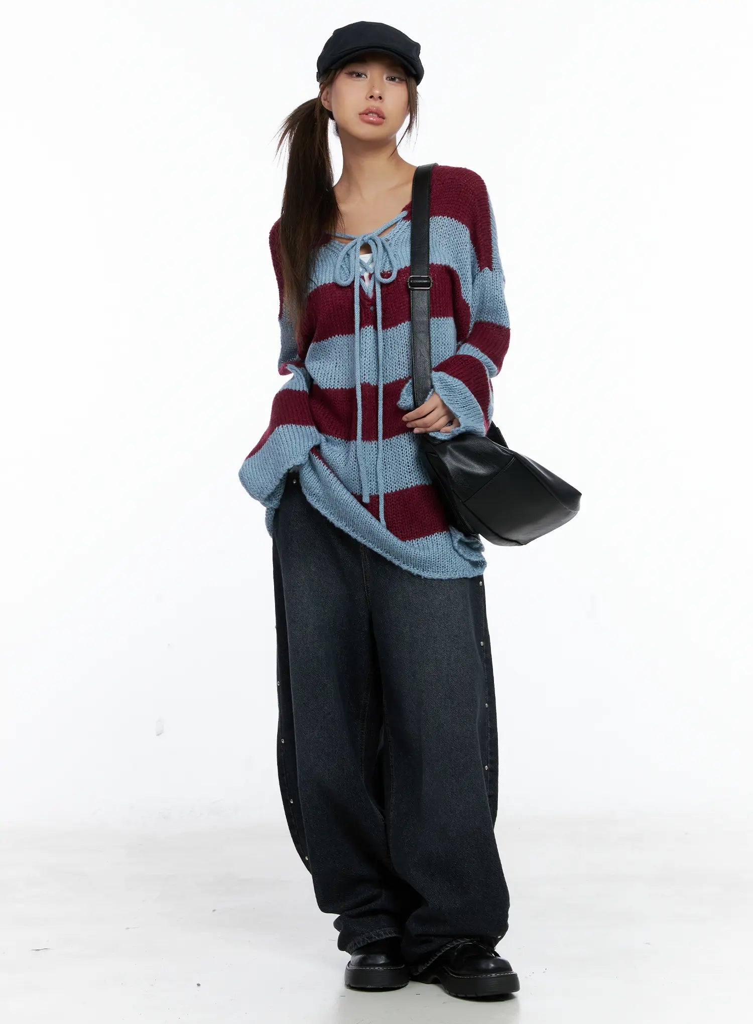 striped-lace-up-long-sleeve-knit-top-cs505