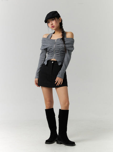 shirred-off-shoulder-zip-up-crop-top-cd307