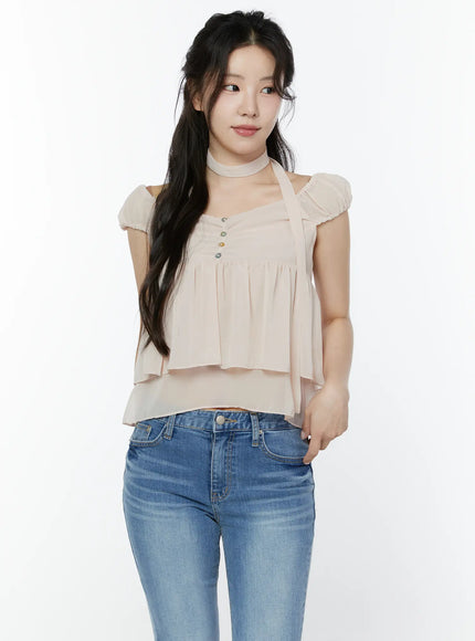 chiffon-layered-blouse-and-skinny-scarf-set-iy511