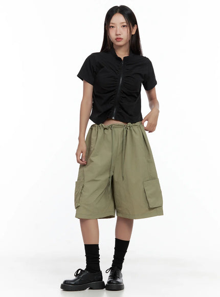 shirred-zip-nylon-short-sleeve-jacket-cl509