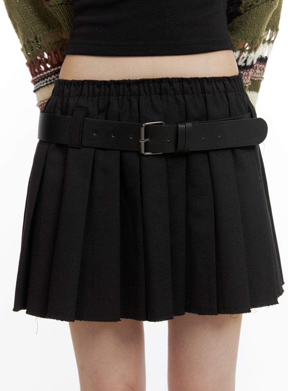 elastic-waist-pleated-mini-skirt-with-belt-ca411