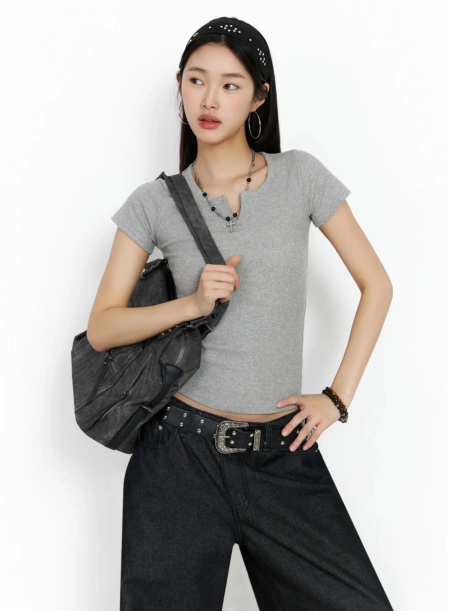 Vintage Leather Accent Shoulder Bag IM530