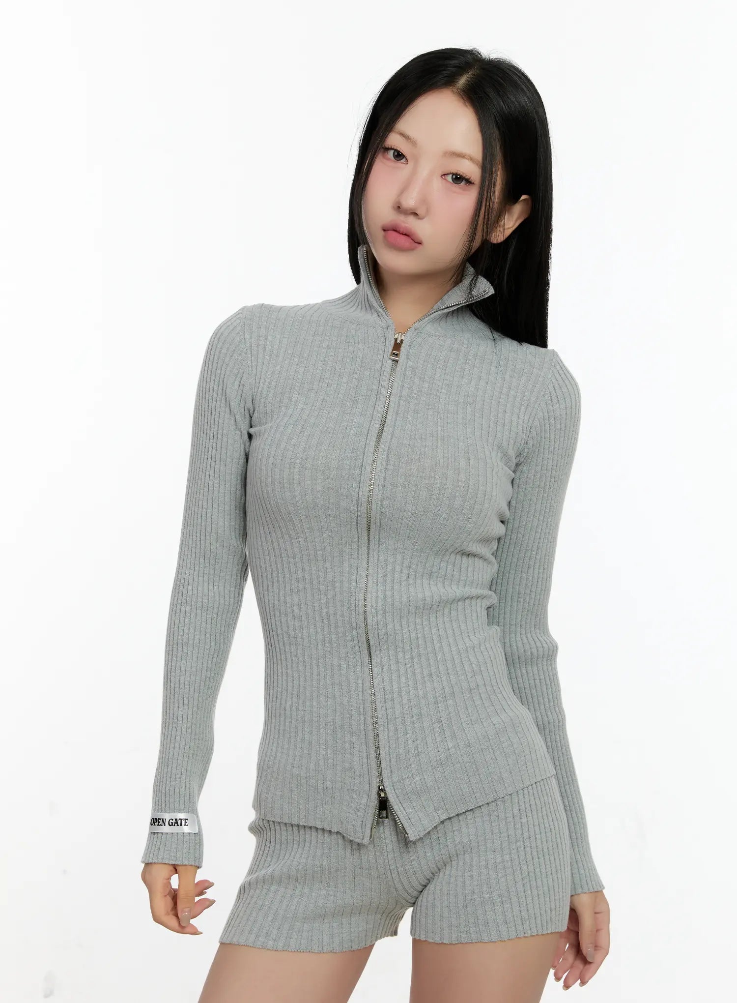Ribbed Knit Zip-Up and Shorts Set CN505