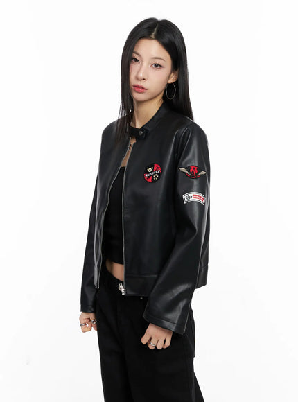 Graphic Crop Leather Jacket CC1109