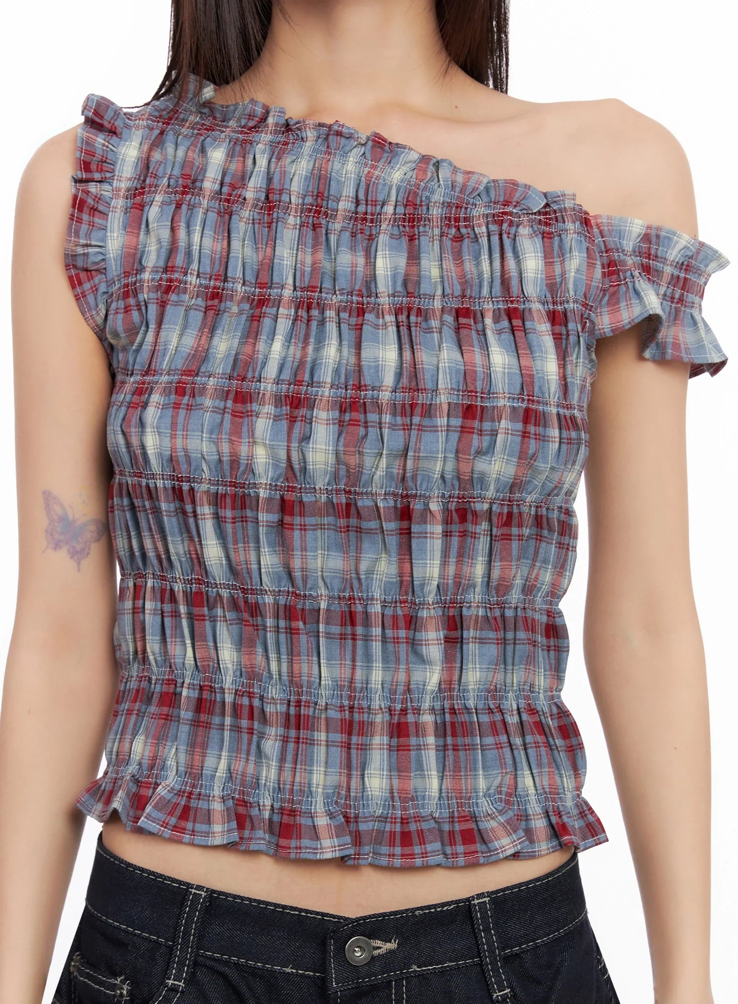 plaid-off-shoulder-blouse-in503