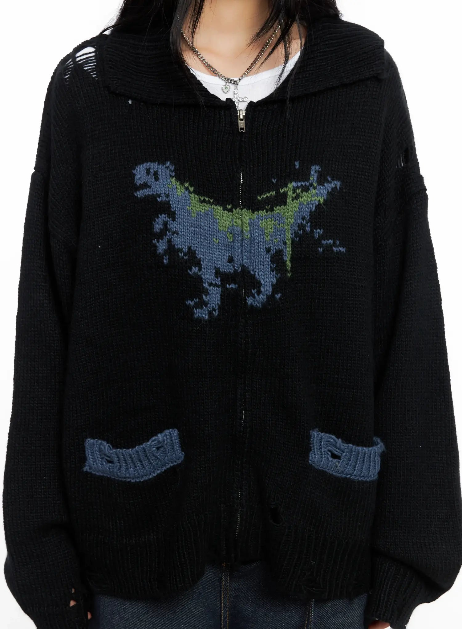 Oversized Distressed Knit Zip-Up CO528