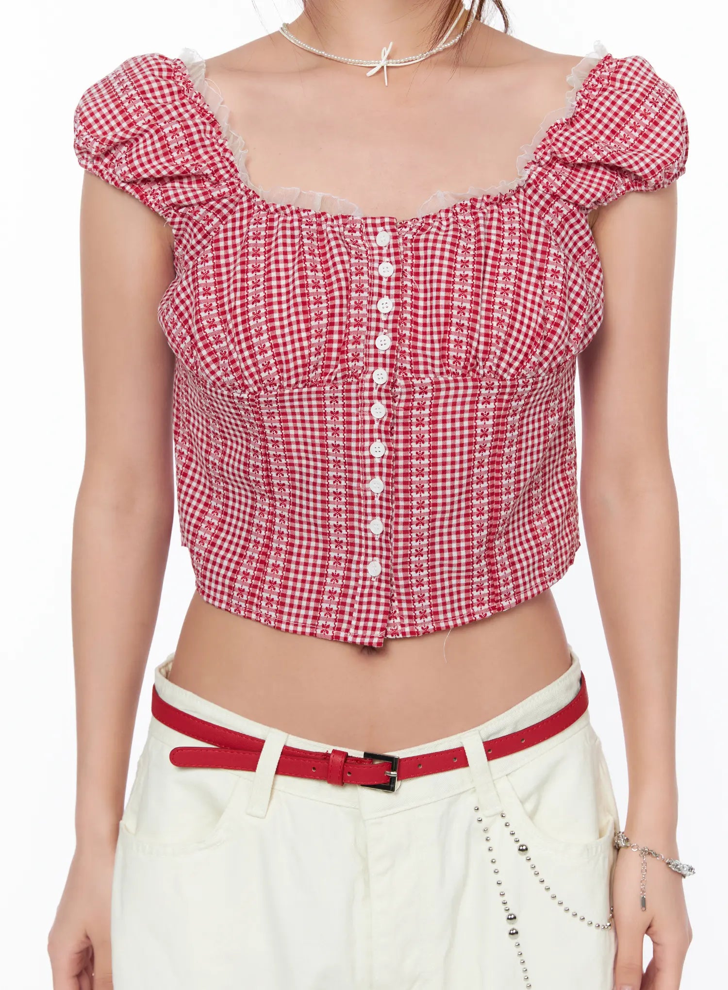 frill-trimmed-gingham-short-sleeve-blouse-ca514