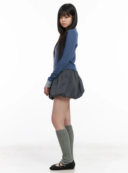 Two-Tone Collar Floral Long Sleeve Tee CM513