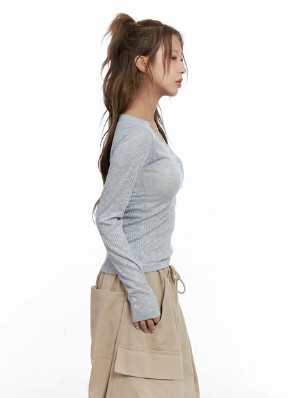 Ribbed Sheer Long-Sleeve Top CL514