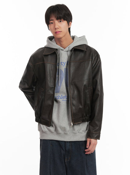 Men's Vintage Faux-Leather Collared Jacket IA510