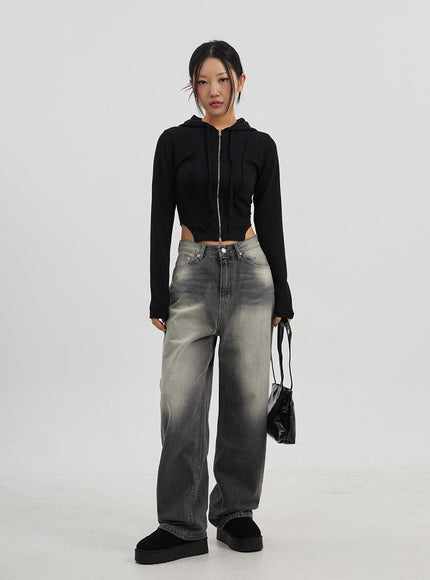 Ribbed Cropped Zip-Up Hoodie CJ330