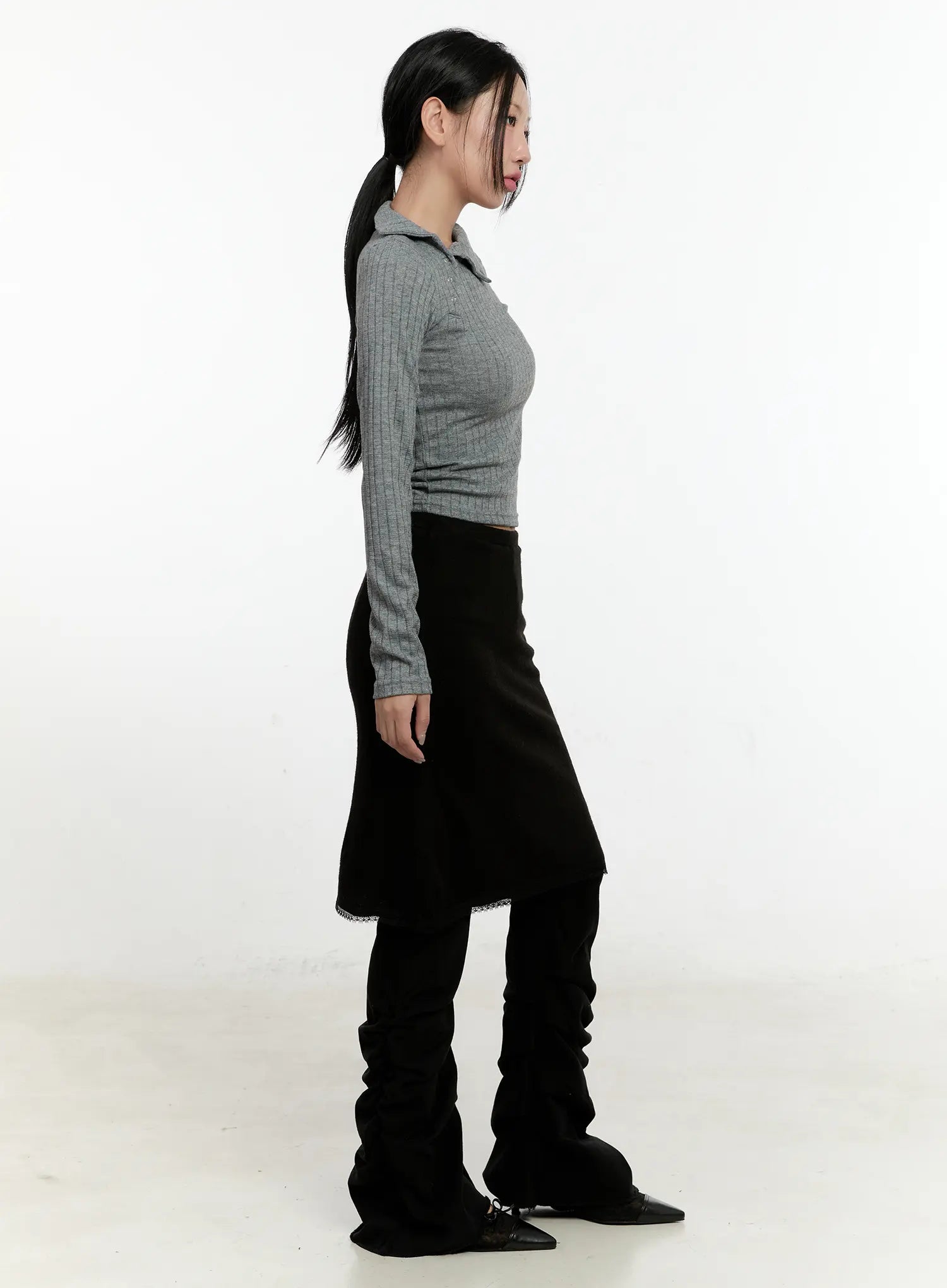 Ribbed Knit Lace Midi Skirt CN505