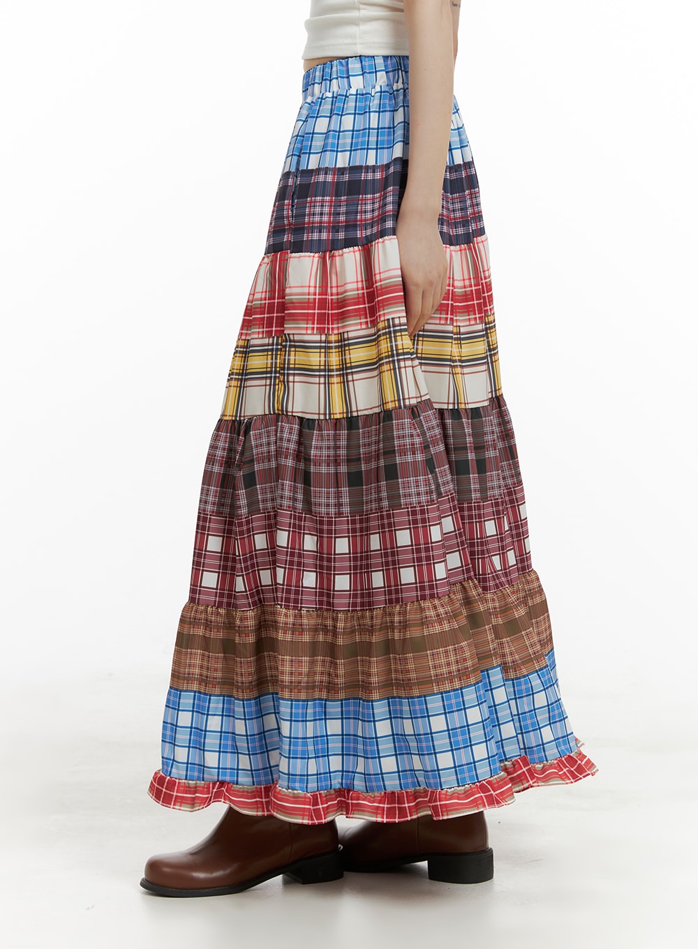 checkered-ruffle-patchwork-maxi-skirt-ca411