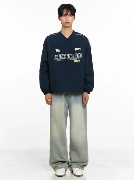 Men's V-Neck Lettering Windbreak Pullover IO516