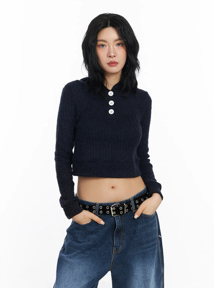 boucle-knit-crop-hoodie-cj522 / Dark blue
