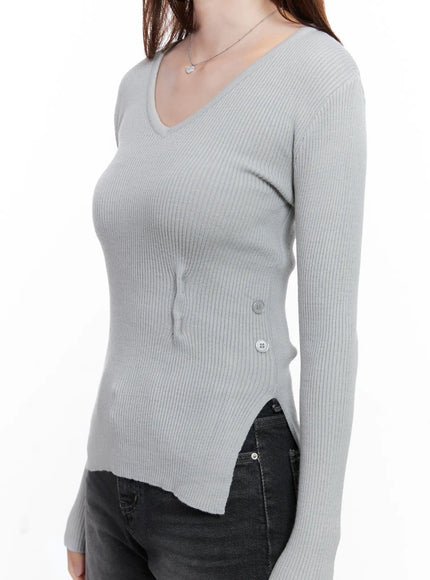 Ribbed V-Neck Long-Sleeve Knit Top CG521