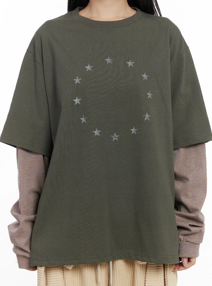 Oversized Star Print Layered Long Sleeve Tee CJ514