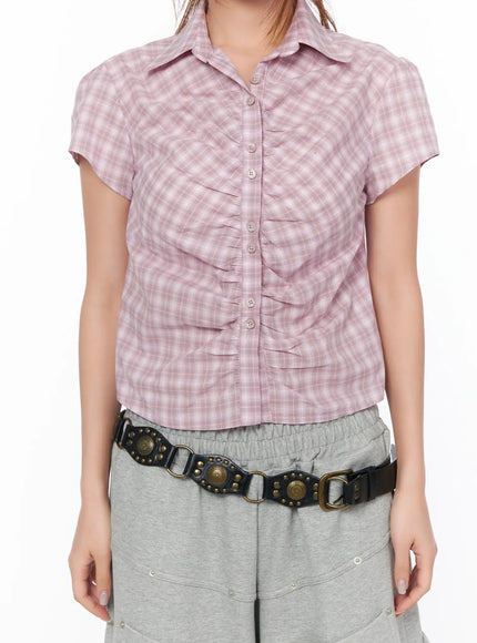 plaid-shirred-short-sleeve-shirt-ca515