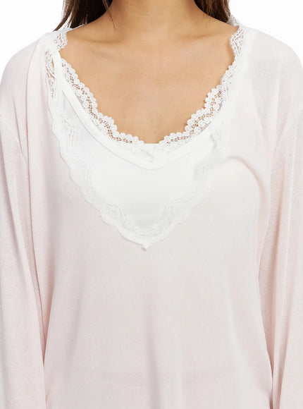 Lace Trim V-Neck Relaxed Top IY504