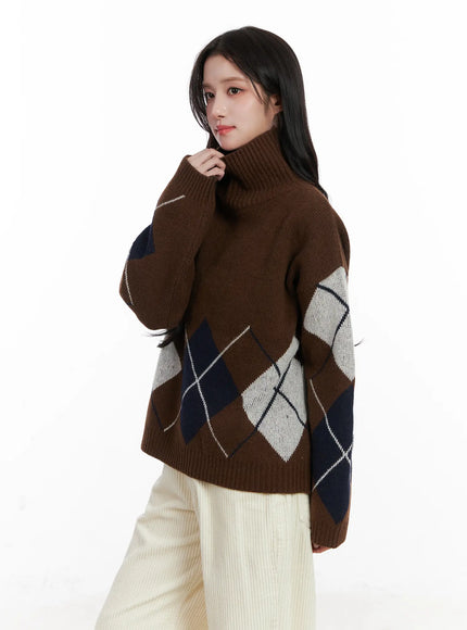 Argyle Turtleneck Knit Sweater CN526