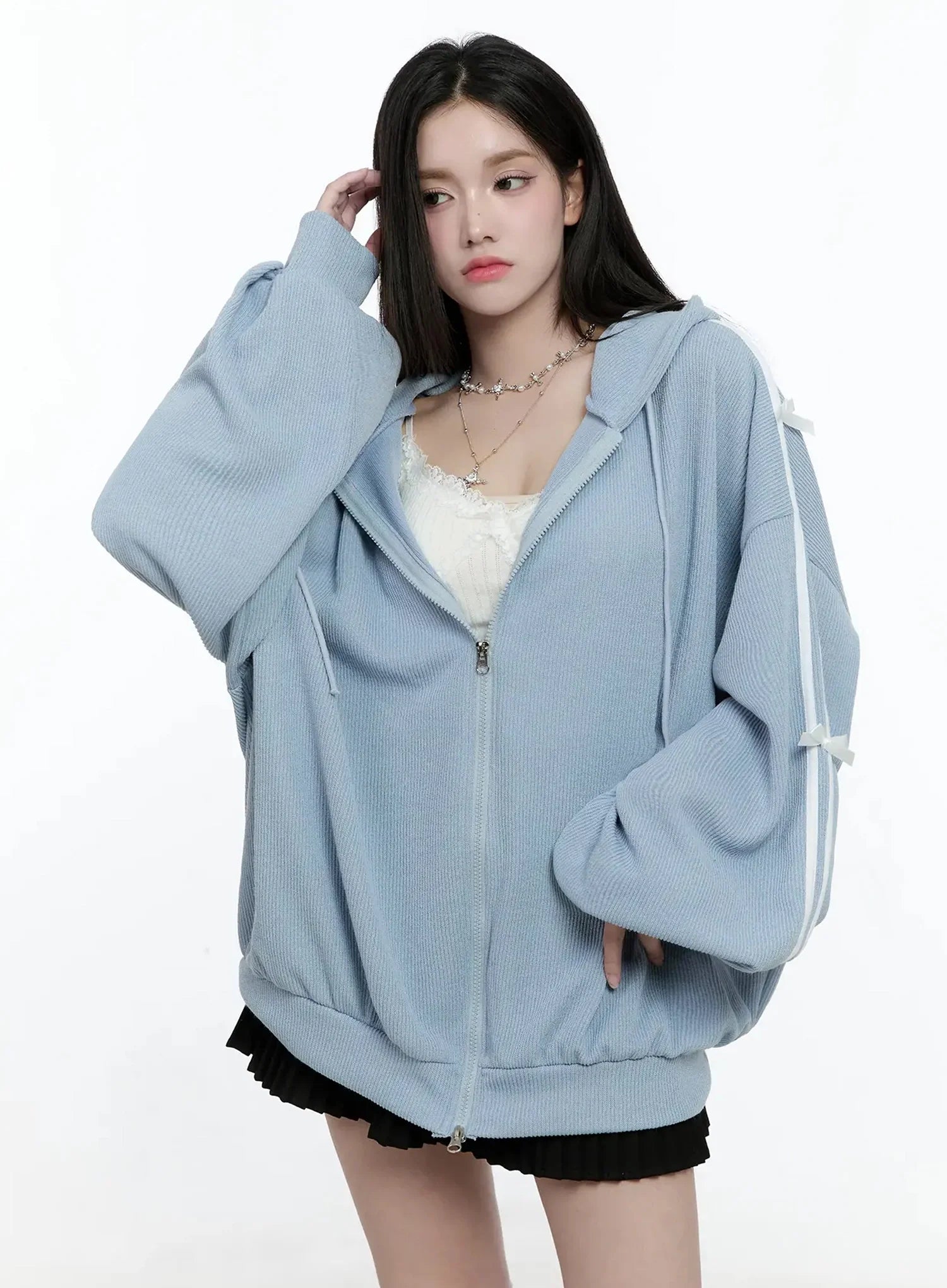 Contrast Oversized Zip-Up Hoodie IO527