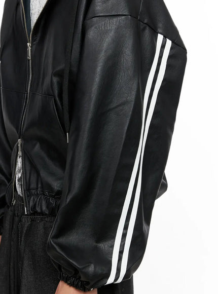 Men's Faux Leather Track Hooded Jacket IO517