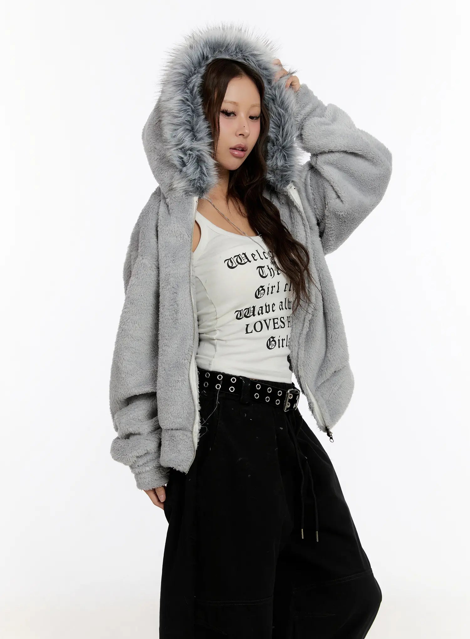 Faux Fur Fleece Zip-Up Hoodie CN527