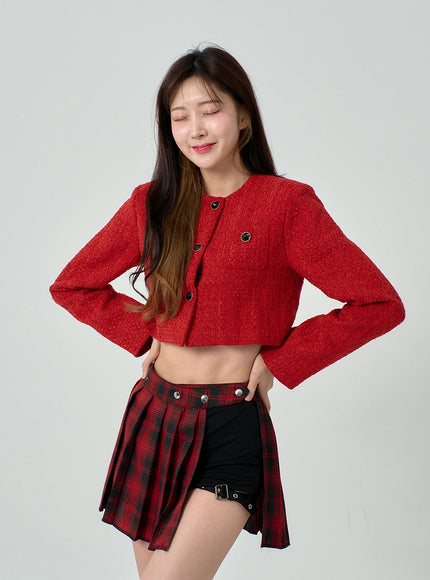 Layered Plaid Pleated Mini Skirt And Short Pants BN22