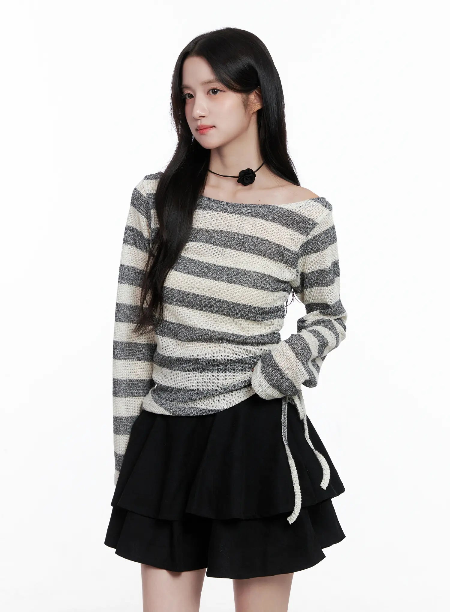 Striped Ruched Wide Neck Top CS523