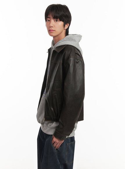 Men's Vintage Faux-Leather Collared Jacket IA510