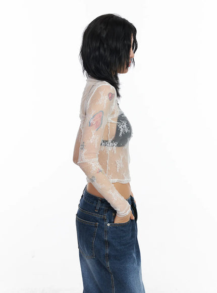 Floral Mesh See-Through Long Sleeve Top CJ522