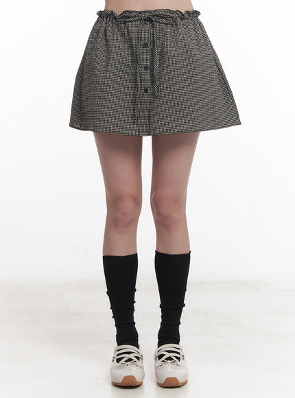 checkered-ribbon-button-mini-skirt-iy513